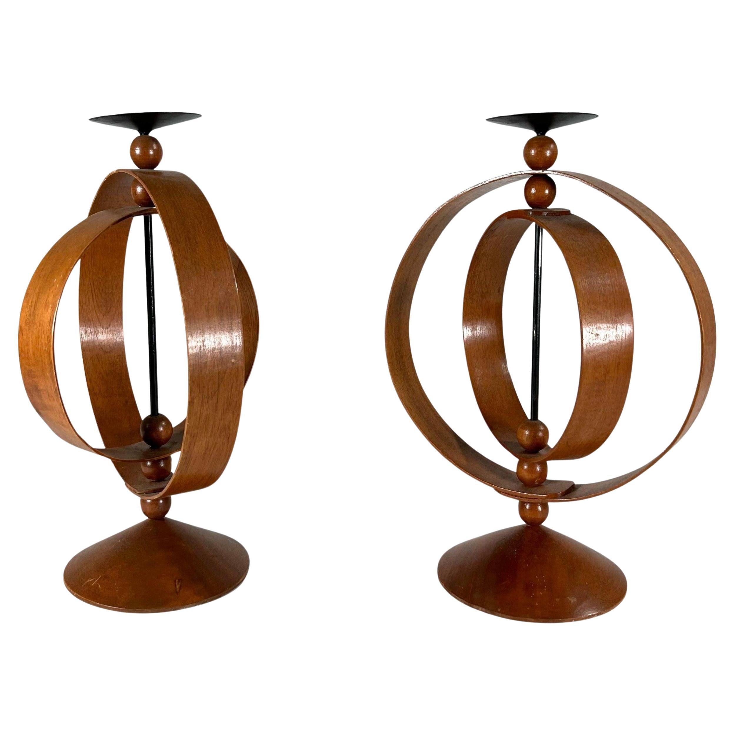 Pair of Danish Modern Teak Rotating Spherical Candlesticks