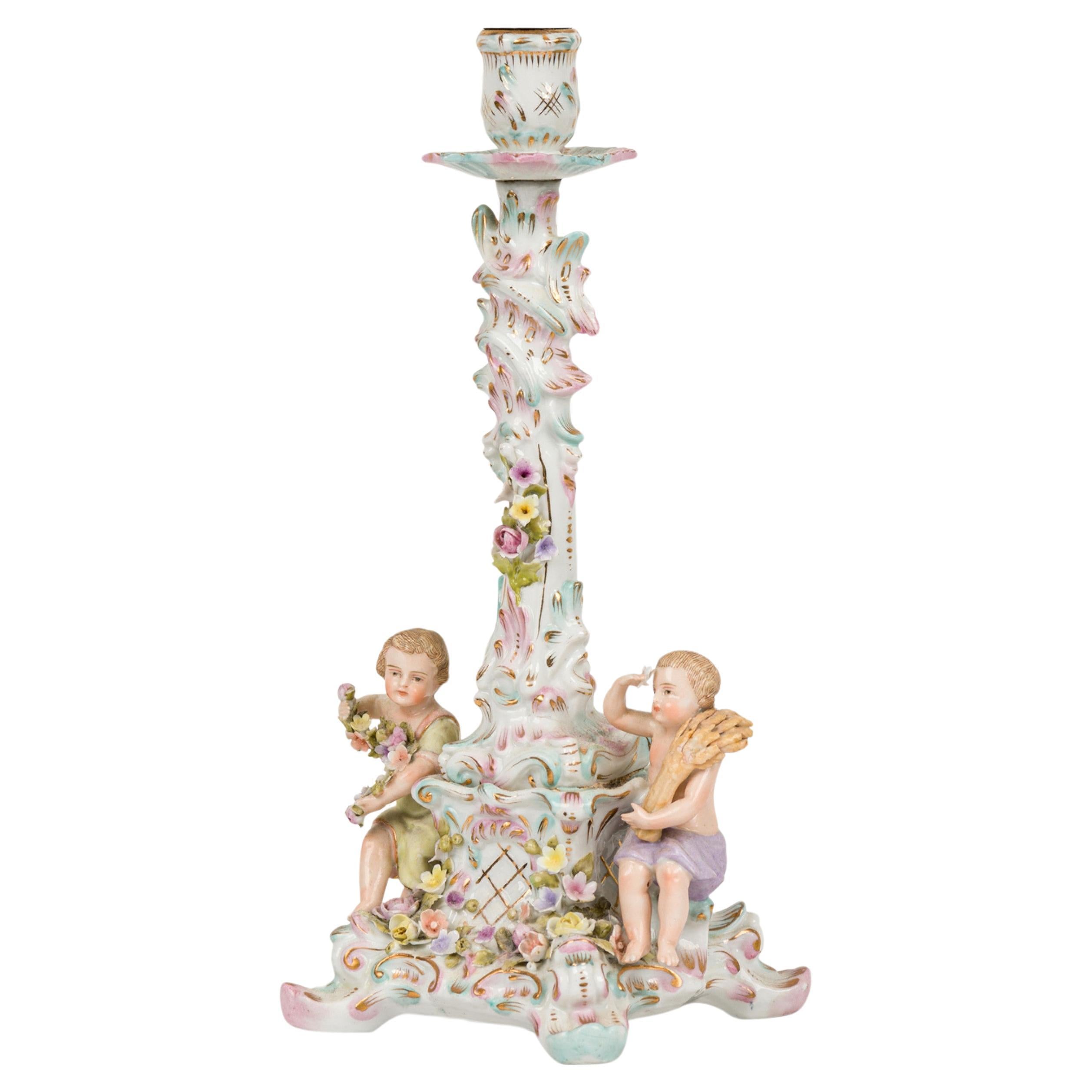 German Porcelain Candlestick with Male and Female Figures