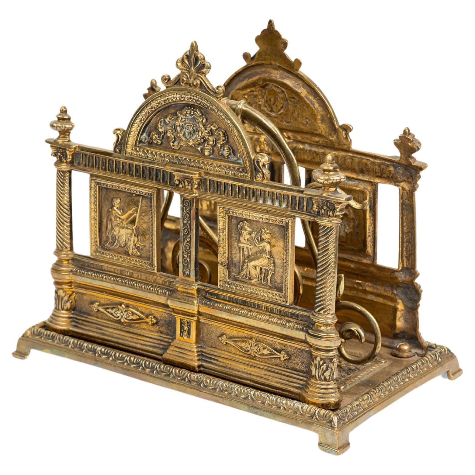 English Brass Two-Compartment Letter Holder with Neoclassical Decorations
