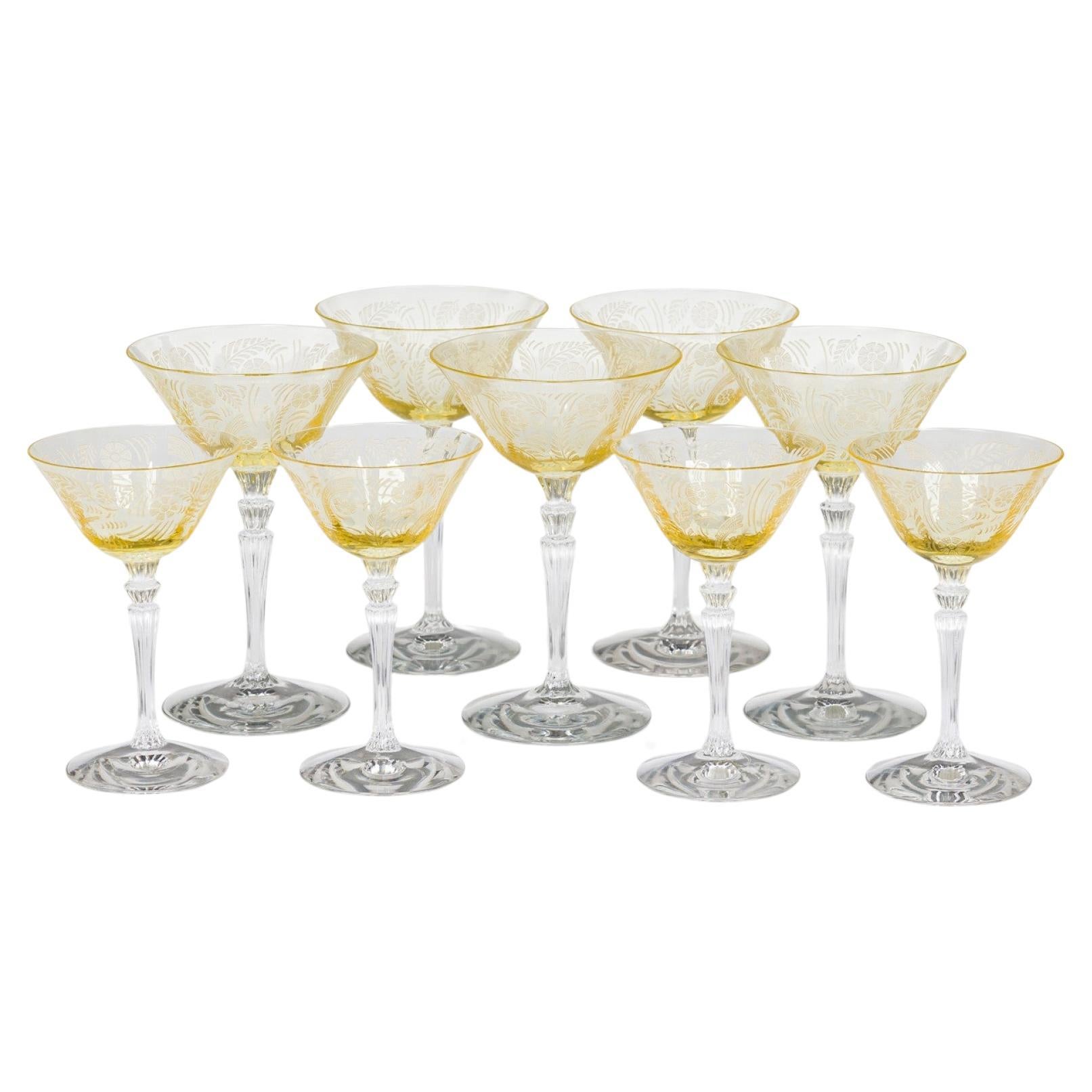 Set of 9 Topaz Floral Etched Glass Waterfall Stem Champagne & Cordial Glasses