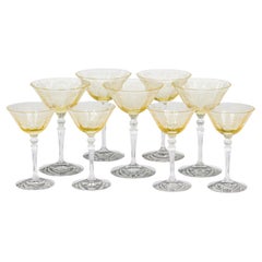 Set of 9 Topaz Floral Etched Glass Waterfall Stem Champagne & Cordial Glasses