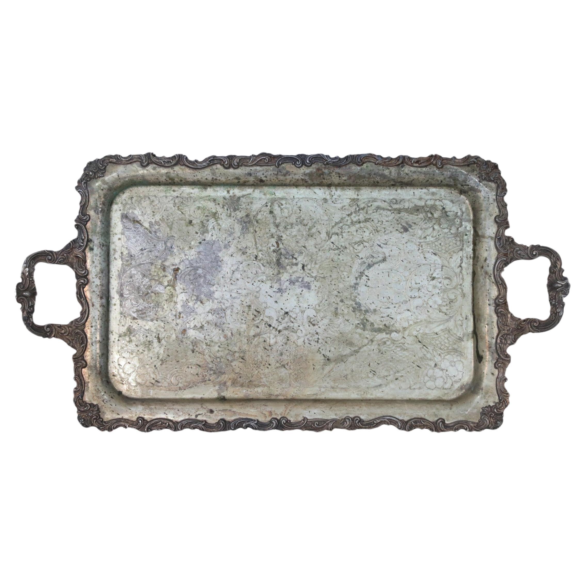 Victorian Silver Plate Serving Tray with Engraved Handles, Circa 1890
