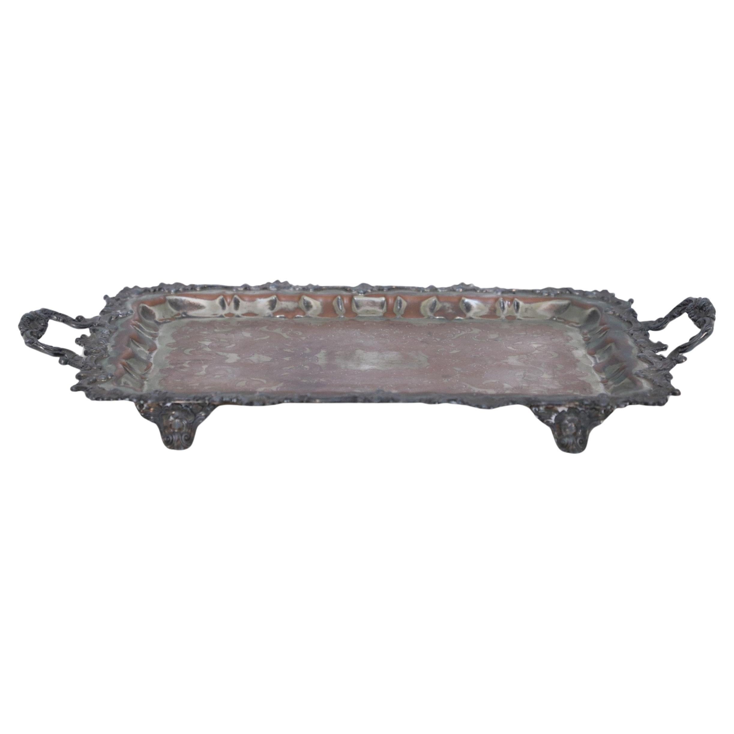 English Victorian Silver Plate and Patina Ornate Serving Tray