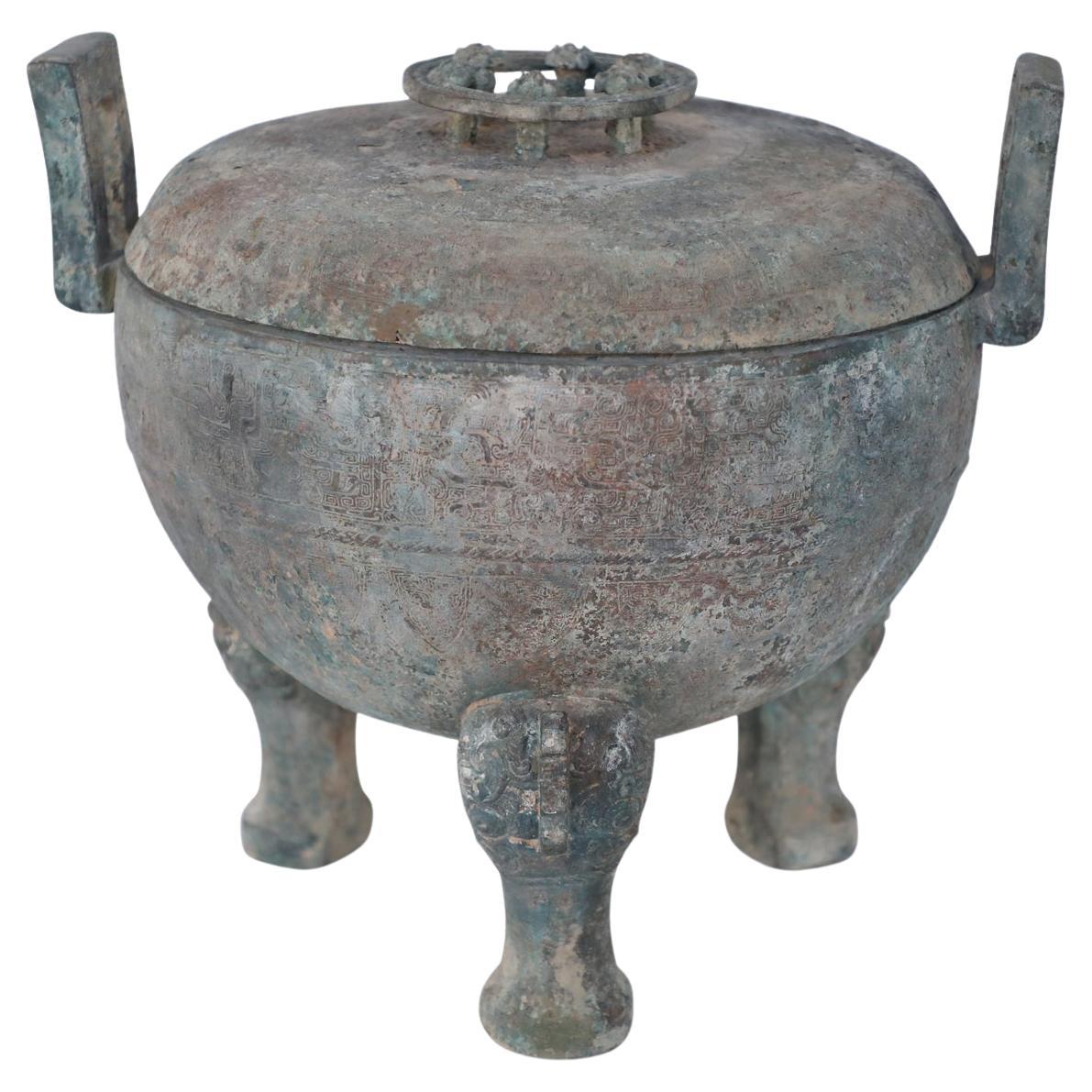 Chinese Han Dynasty-Style Bronze Lidded Pot, Patinated Finish, 16 In.