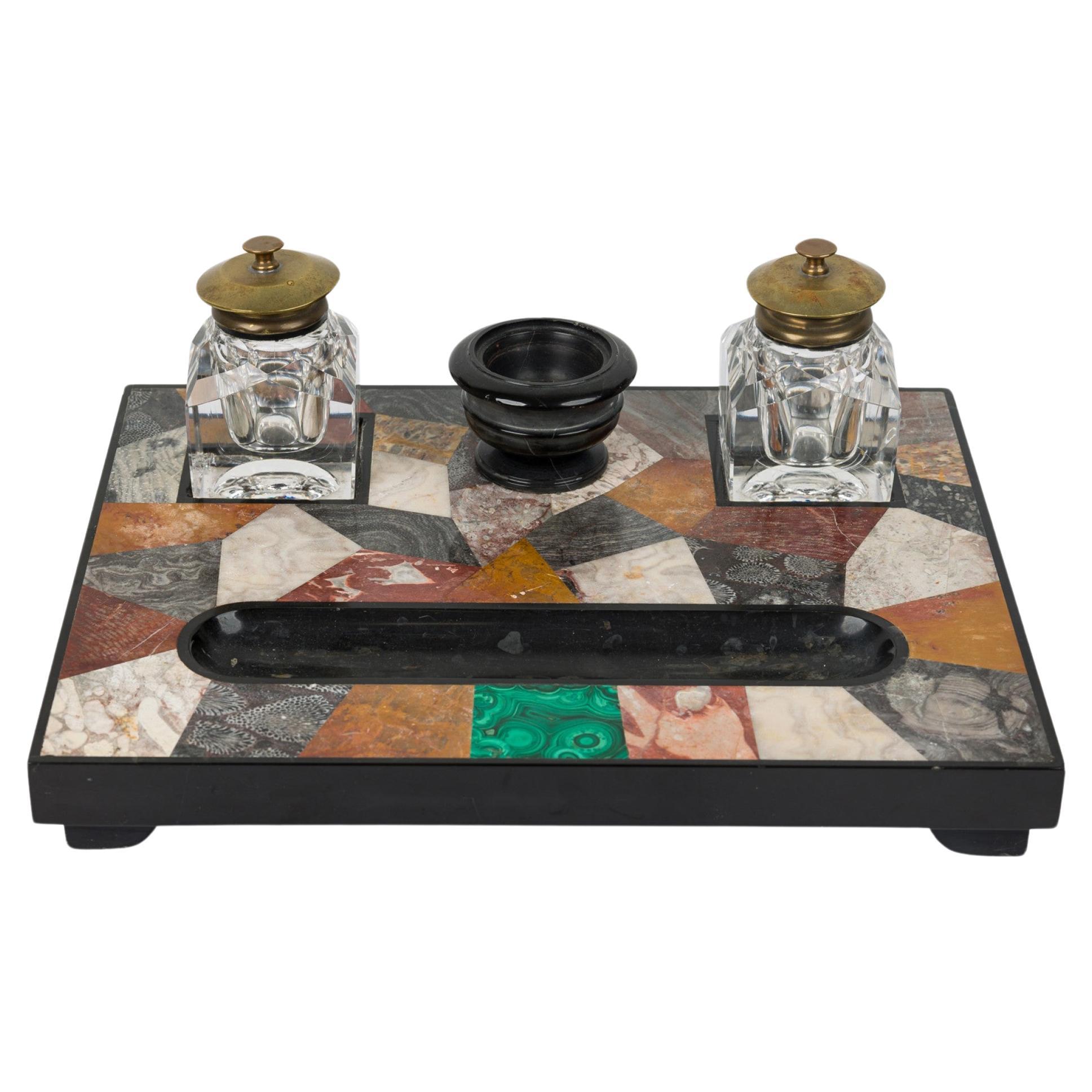 English Victorian Multi-tonal Hardstone Inkwell