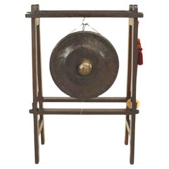 Antique Arts and Crafts Stained Oak Stand with Asian Bronze Gong, UK
