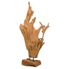 American Mid-Century Teak Tree Root Sculpture on Iron Base, 1950-1970