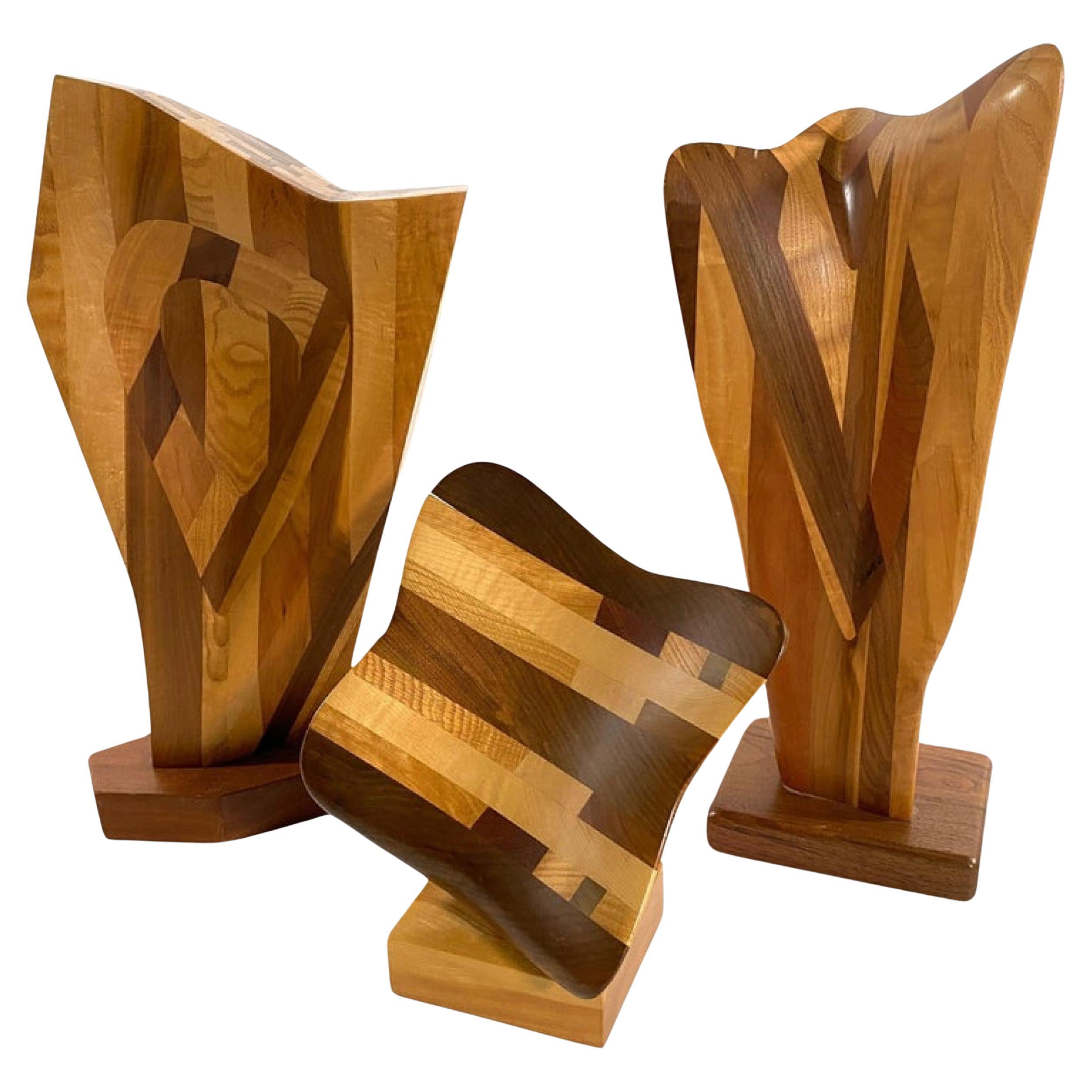 Set of 3 American Modern Abstract Mixed Exotic Wood Sculptures, Paul LaMontagne