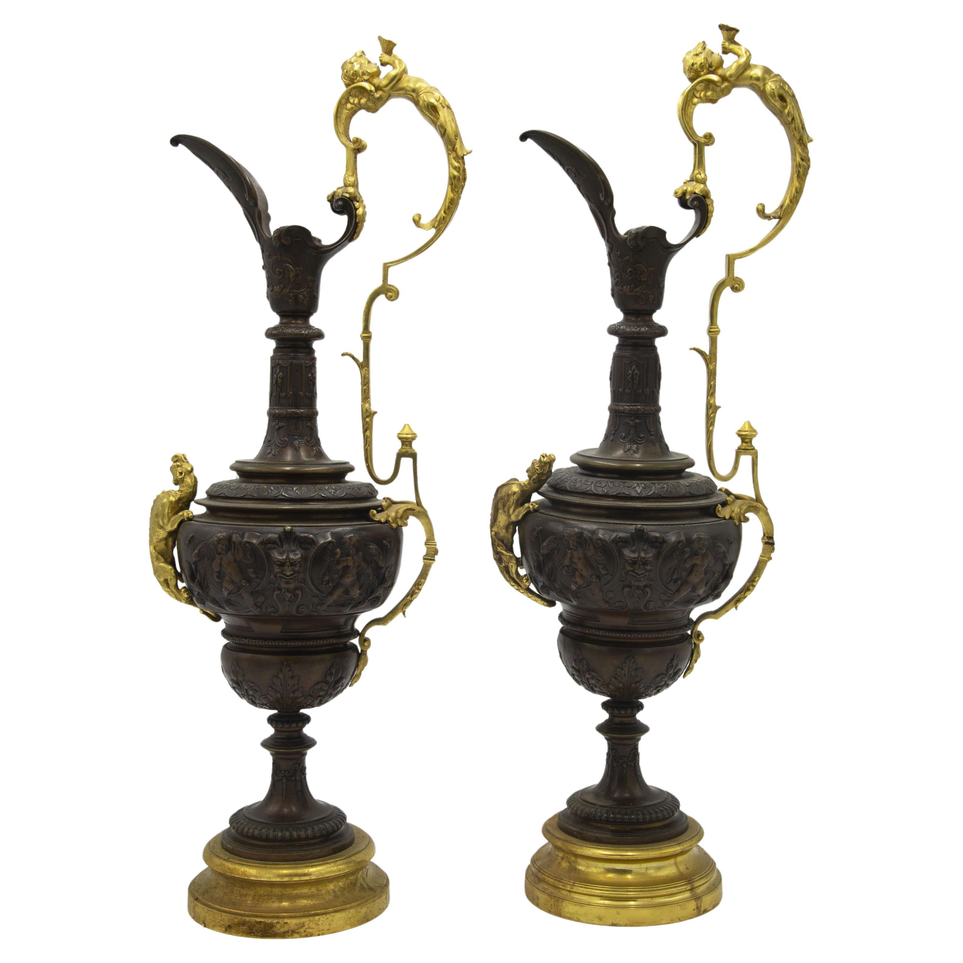 Antique French Victorian Bronze Ewers with Serpent Handles, Circa 1890 For Sale