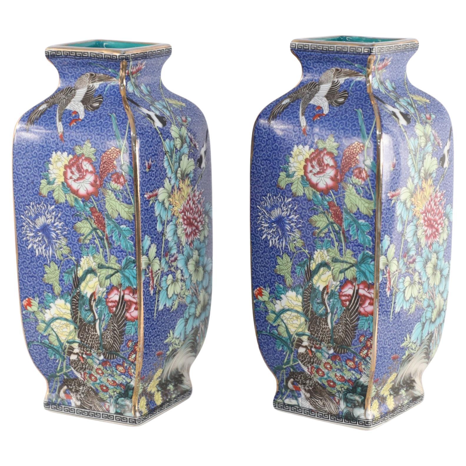 Pair of Chinese Qing Dynasty Style Blue and Floral Porcelain Sleeve Vases