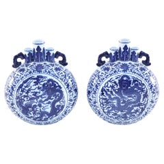 Pair of Antique Chinese Blue and White Porcelain Moon Flask Vases