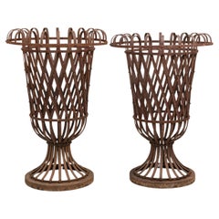Antique Pair of American Victorian Outdoor Wrought Iron Woven Garden Urns