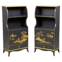 Pareja de pequeñas librerías vintage inglesas de chinoiserie pintadas en oro y negro
