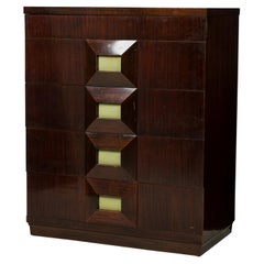 Andre Sornay French Mid-Century Mahogany Veneer Faceted Front Highboy Chest