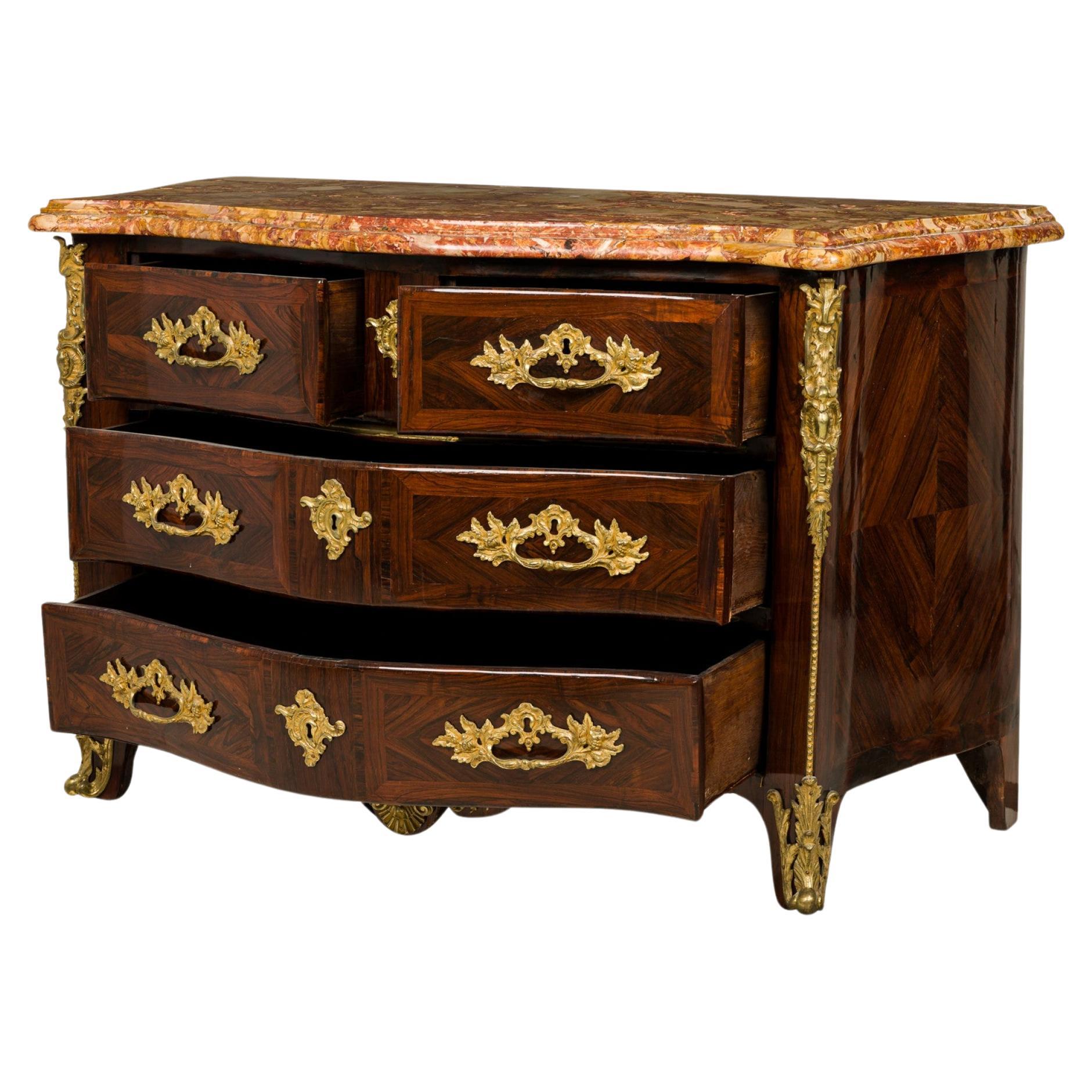 Französische Kommode im Louis-XV-Stil mit 3 Schubladen und Marmorplatte aus Veilchenholzfurnier und Bronzebeschlägen