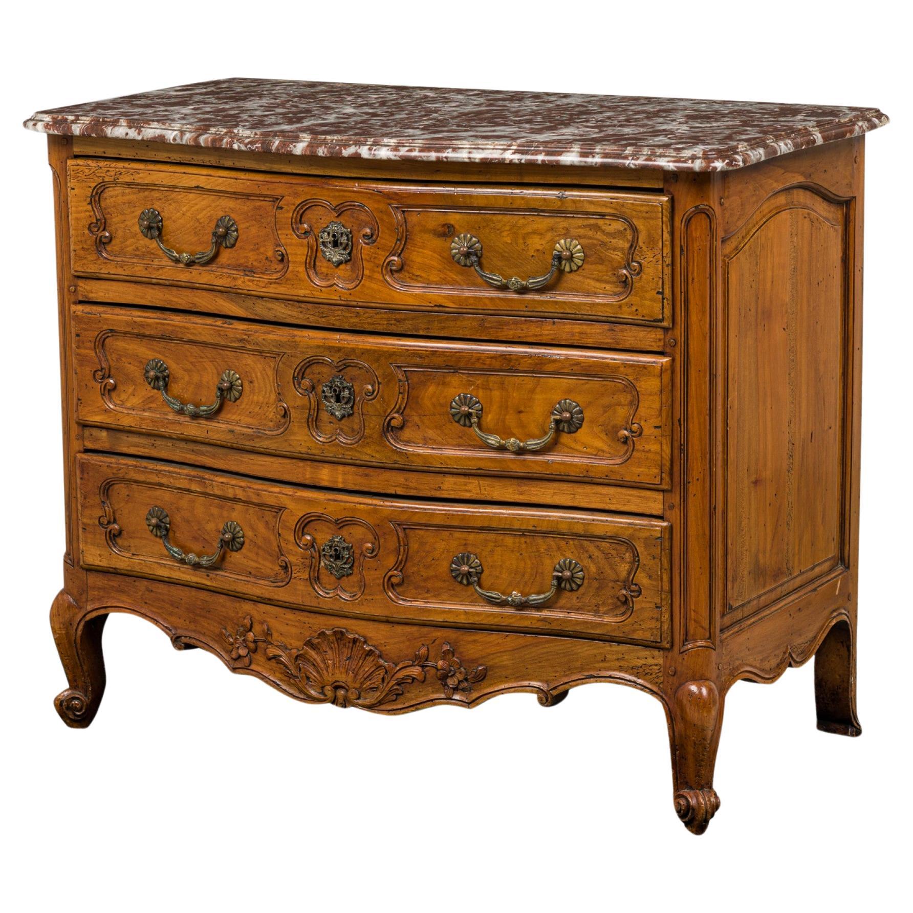 French Louis XV Provincial Cherrywood Commode, Marble Top, Circa 1750