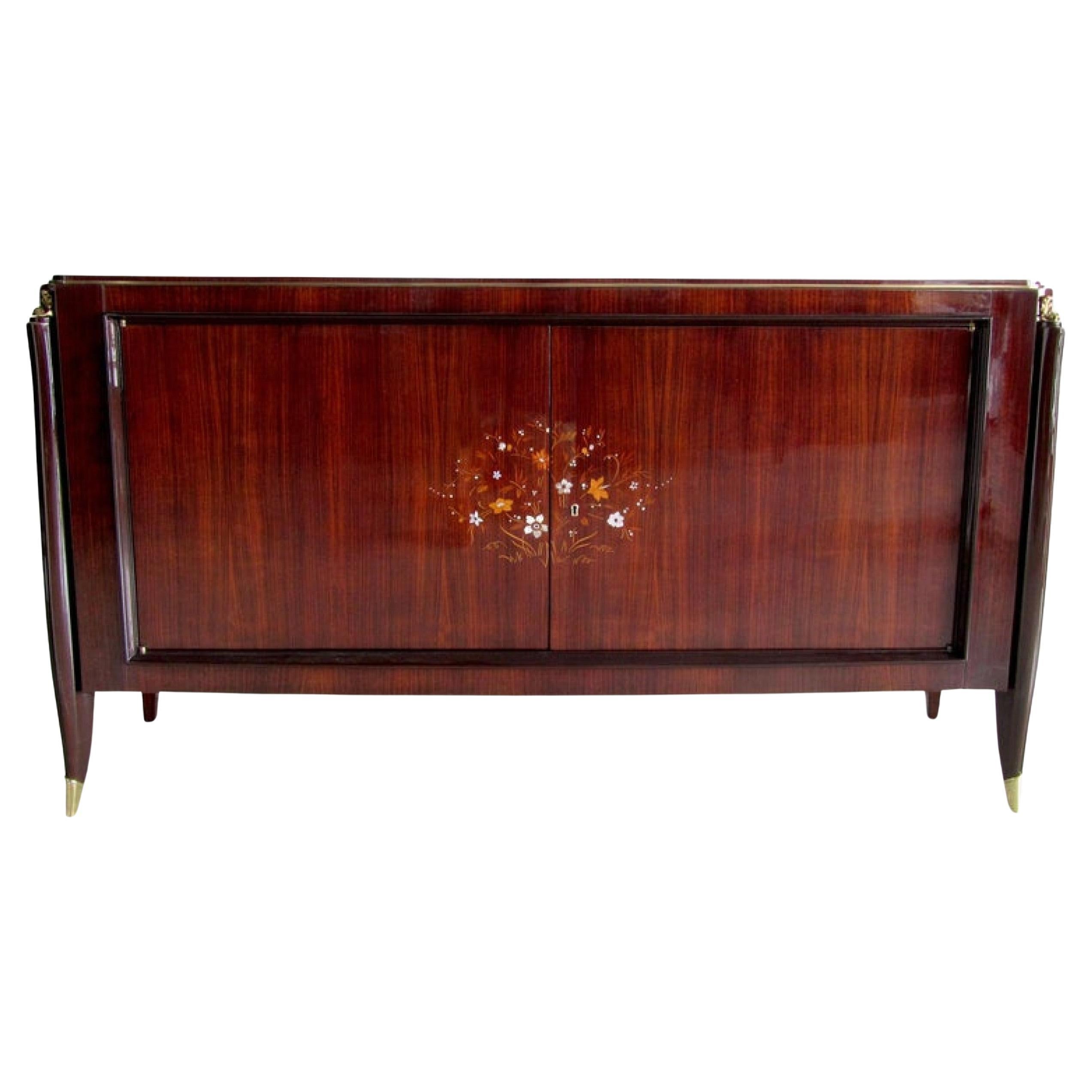 Credenza francese Art Deco con intarsio di ebano e bronzo, J Leleu
