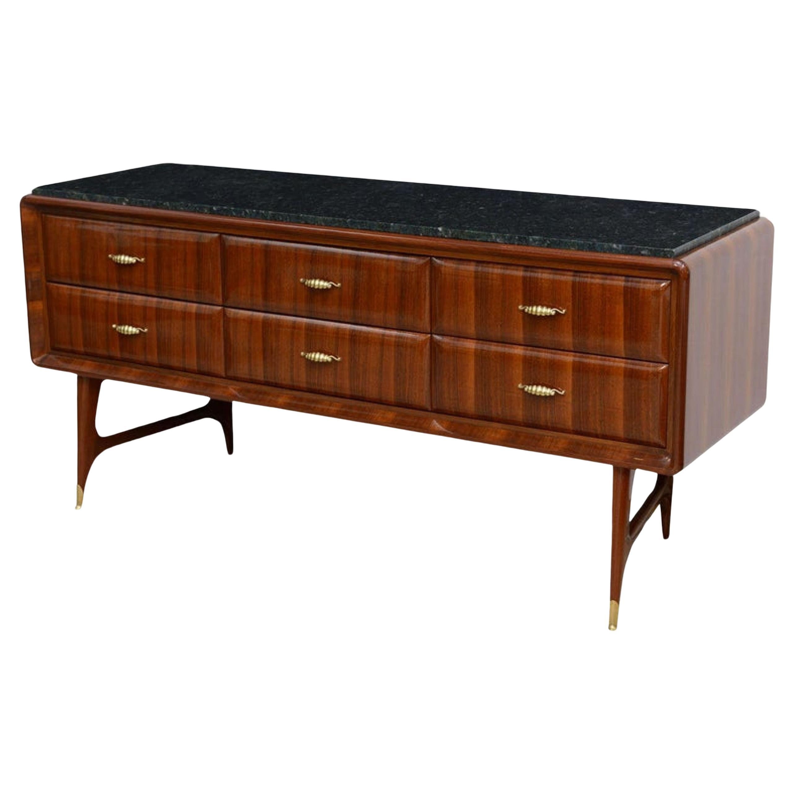 Credenza moderna italiana a 6 cassetti in mogano con piano in marmo, Paolo Buffa, anni '50