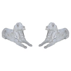 Antique Chinese Carved Wooden Dog Statues, Whitewashed, 1900s Pair