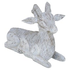 Antique Carved Whitewashed Wooden Ram Statue, China, Mid-Late 1900s