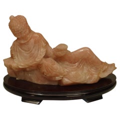 Hand-Carved Chinese Rose Quartz Reclining Lady Sculpture, 20th Century