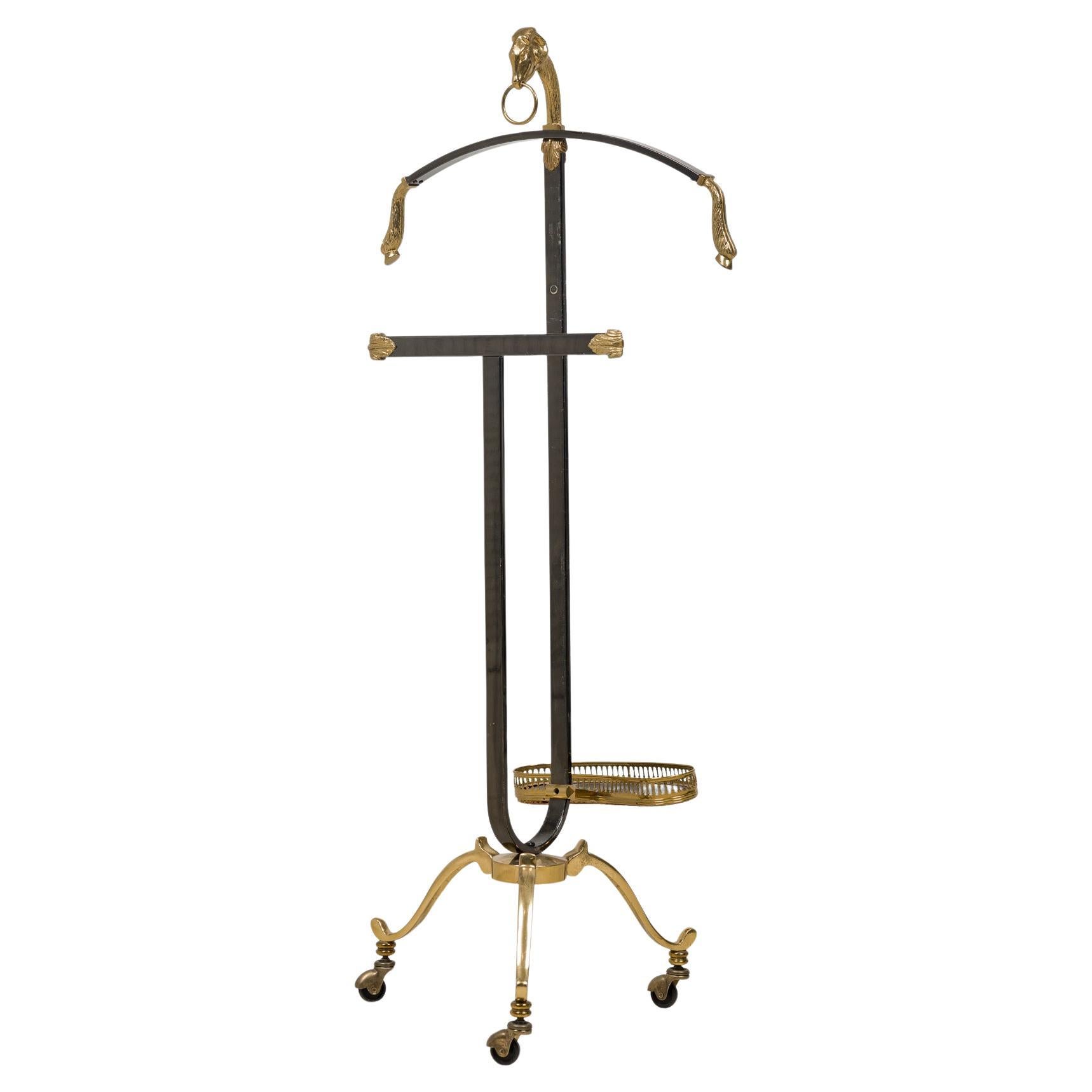 Maison Jansen French Mid-Century Black Enameled Steel and Brass Valet with Ram H