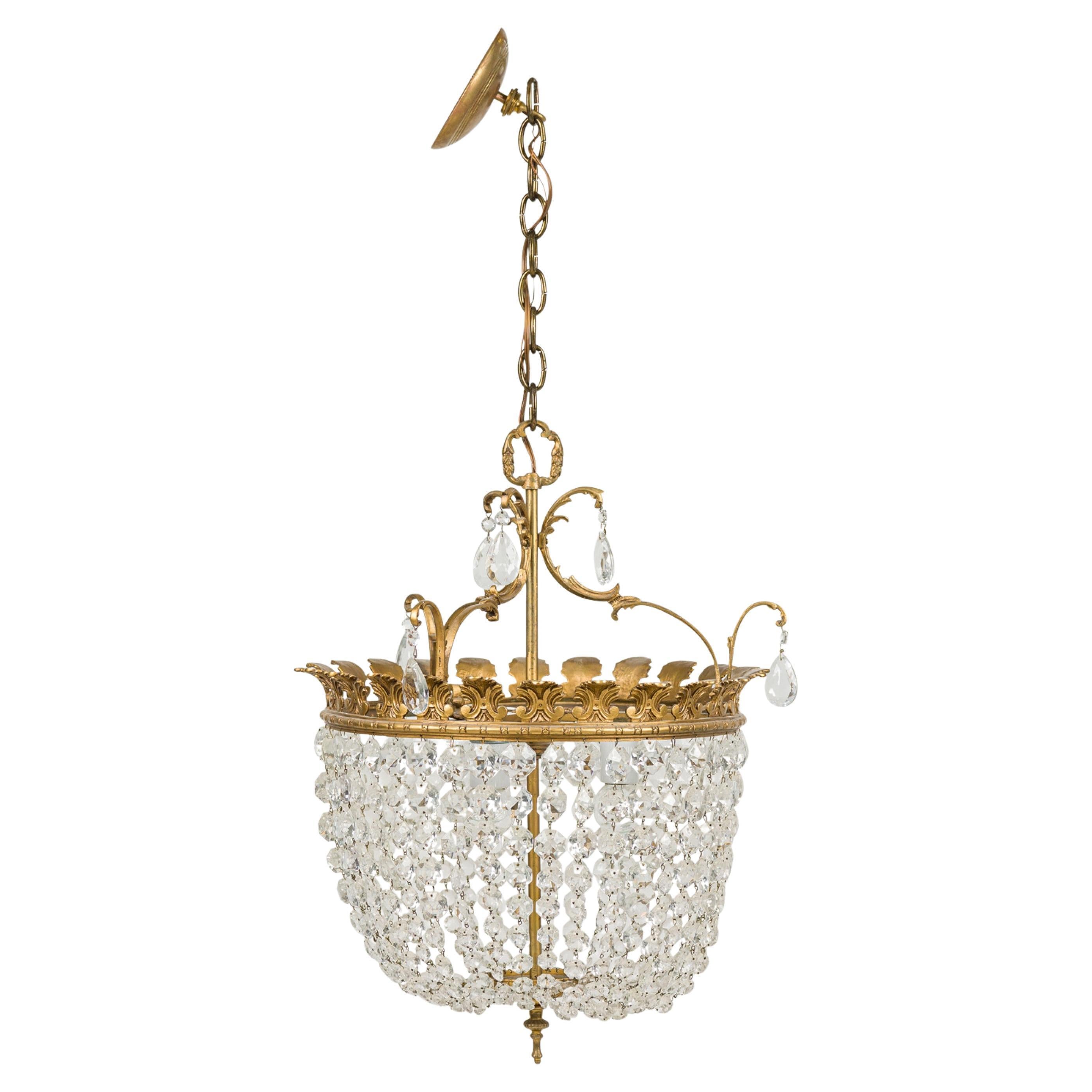 Mid-Century French Chandelier, Brass and Crystal, Vintage Design, 1955