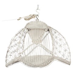 Victorian White Wicker Chandelier with Frosted Glass Shade, Circa 1890