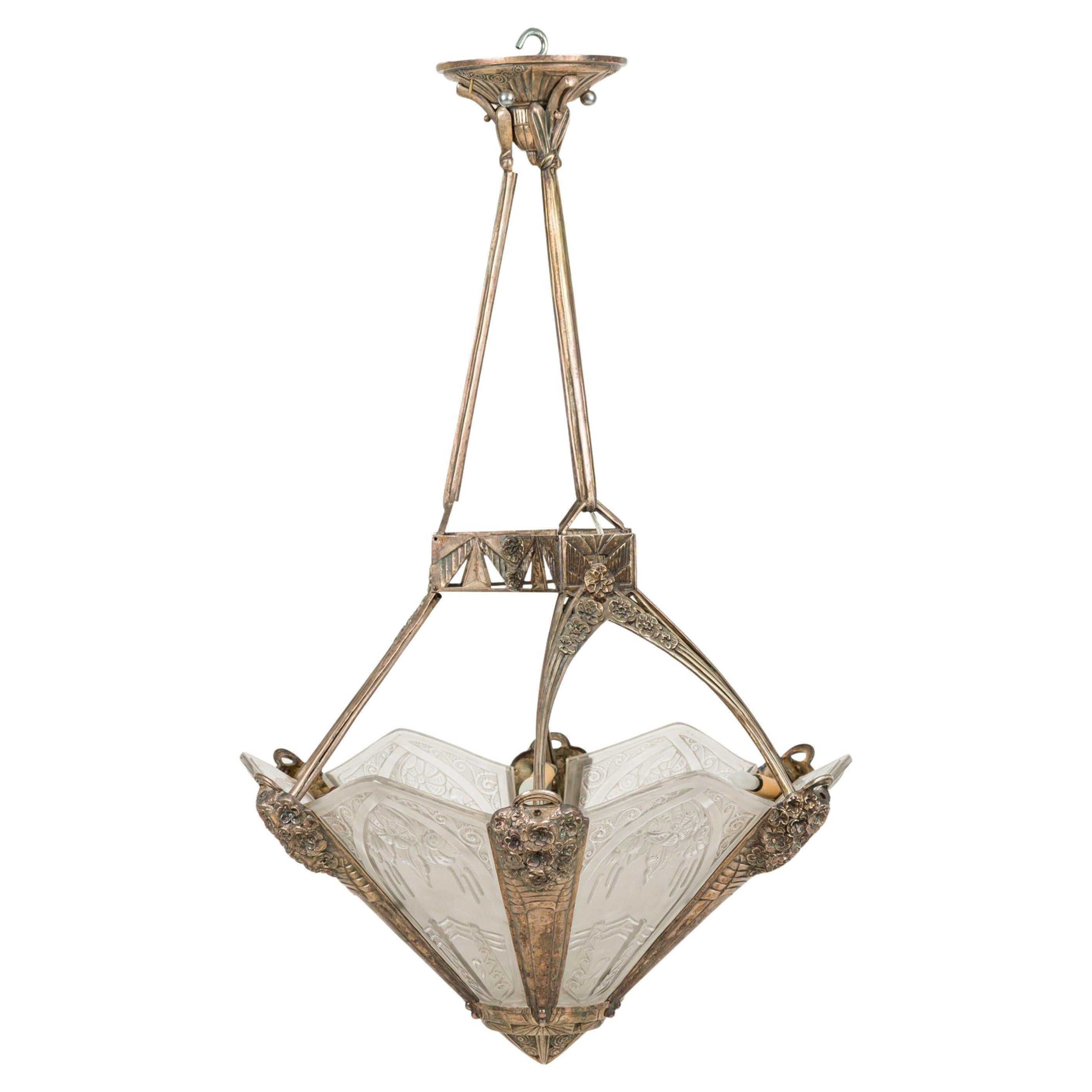 French Art Deco  chandelier with 6 flared frosted geometric glass shades