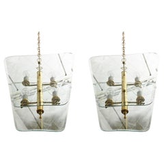 Pair of Italian Modern Brass and Etched Glass Chandeliers/Pendants Pietro Chiesa