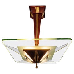 Lustre moderne italien en laiton, verre et noyer, Max Ingrand pour Saint-Gobain