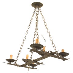 Lampadario rinascimentale italiano a 6 luci in ferro battuto, 1850 circa