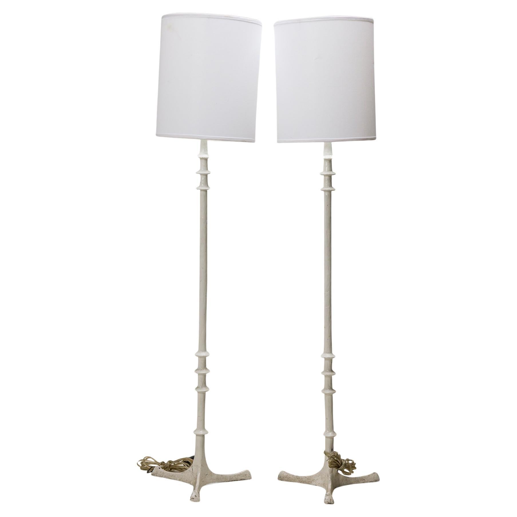 Pair of Italian Mid-Century White Painted Turned Post Floor Lamps (manner of Gia For Sale