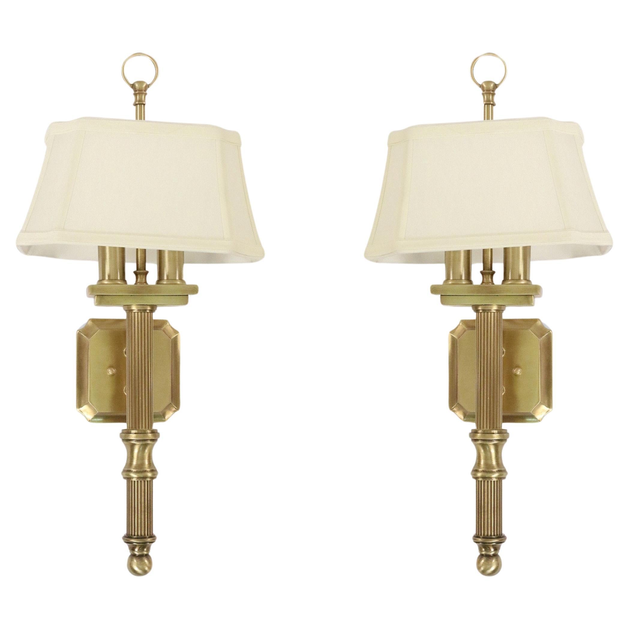 Contemporary Copper Finish Wall Sconces with Beige Fabric Shades, Pair For Sale