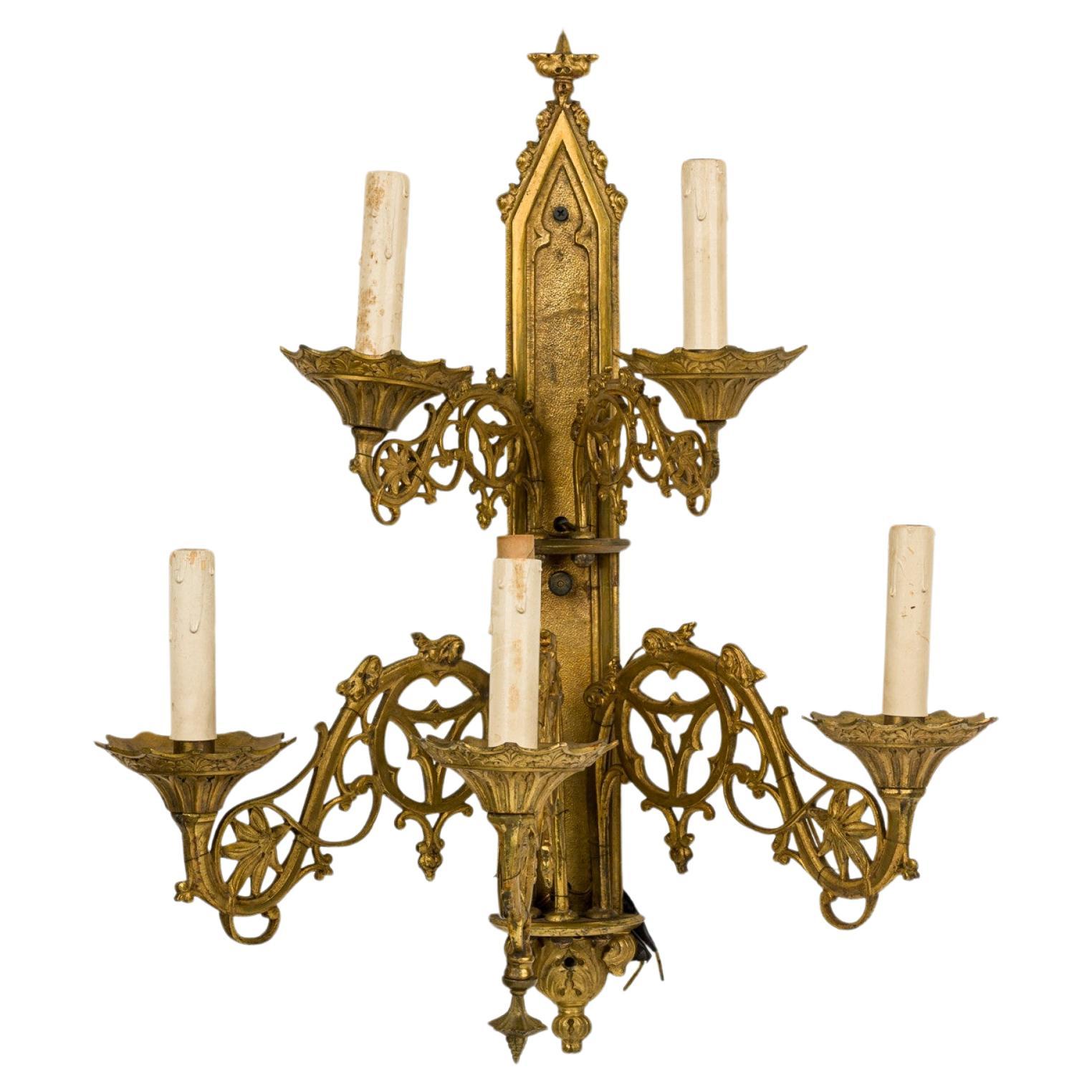 French Gothic Gilt Bronze Wall Sconces, 5 Arm, Floral Motifs