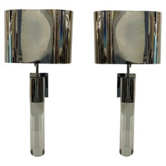 Fine Pair American Modern Polished Steel and Lucite Wall Lights, Karl Springer