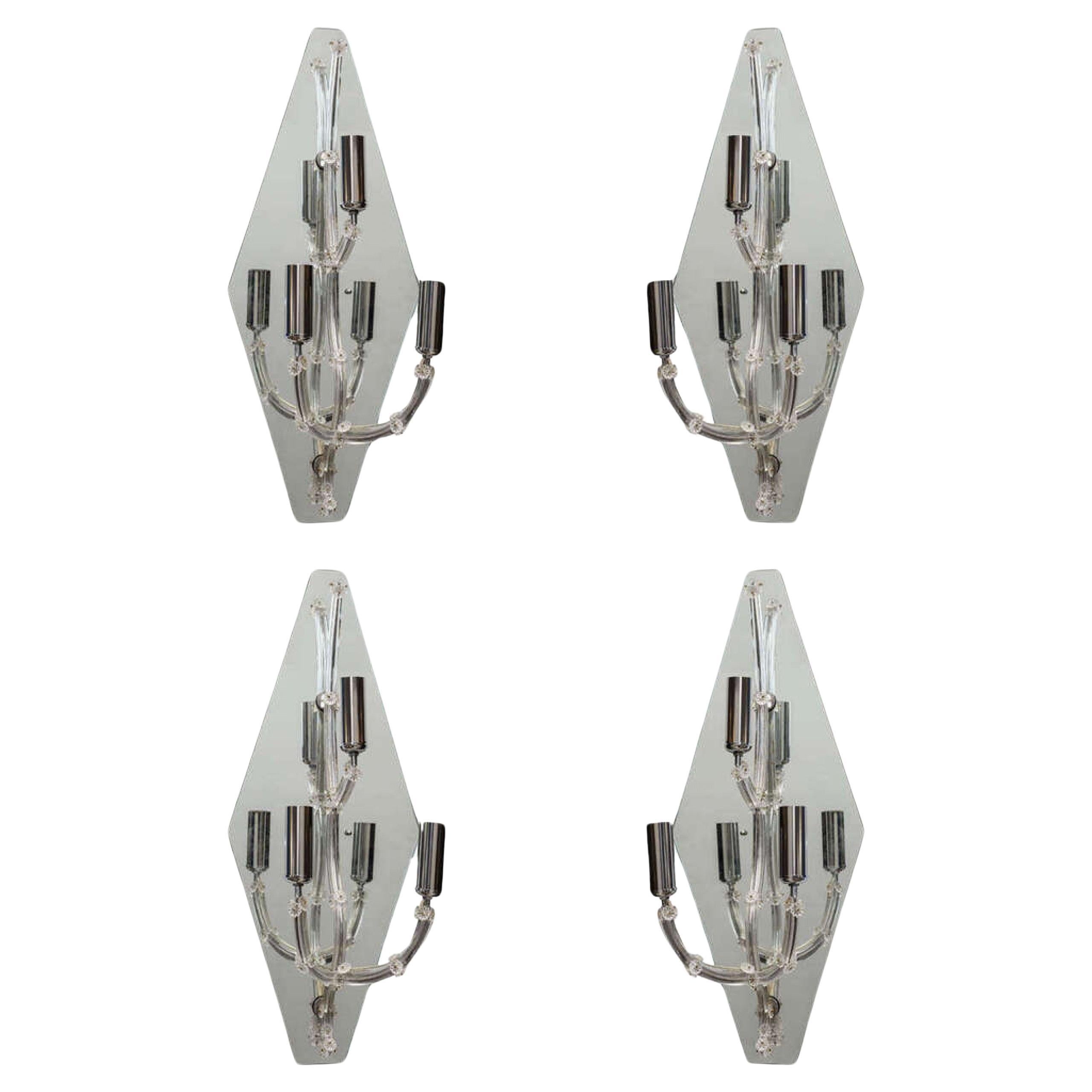 Set of Four Large Murano Glass and Mirror Wall Lights, Sconces Italy, 1950s