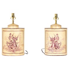 Coppia di tavolini da tè in tole dipinte a mano di design musicista inglese Chinoiserie