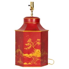Vintage English Chinoiserie Sechseckige Handgemalte Tole Tea Caddy Tischlampe