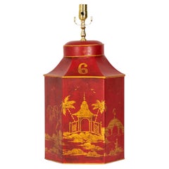 Vintage English Chinoiserie Sechseckige Handgemalte Tole Tea Caddy Tischlampe