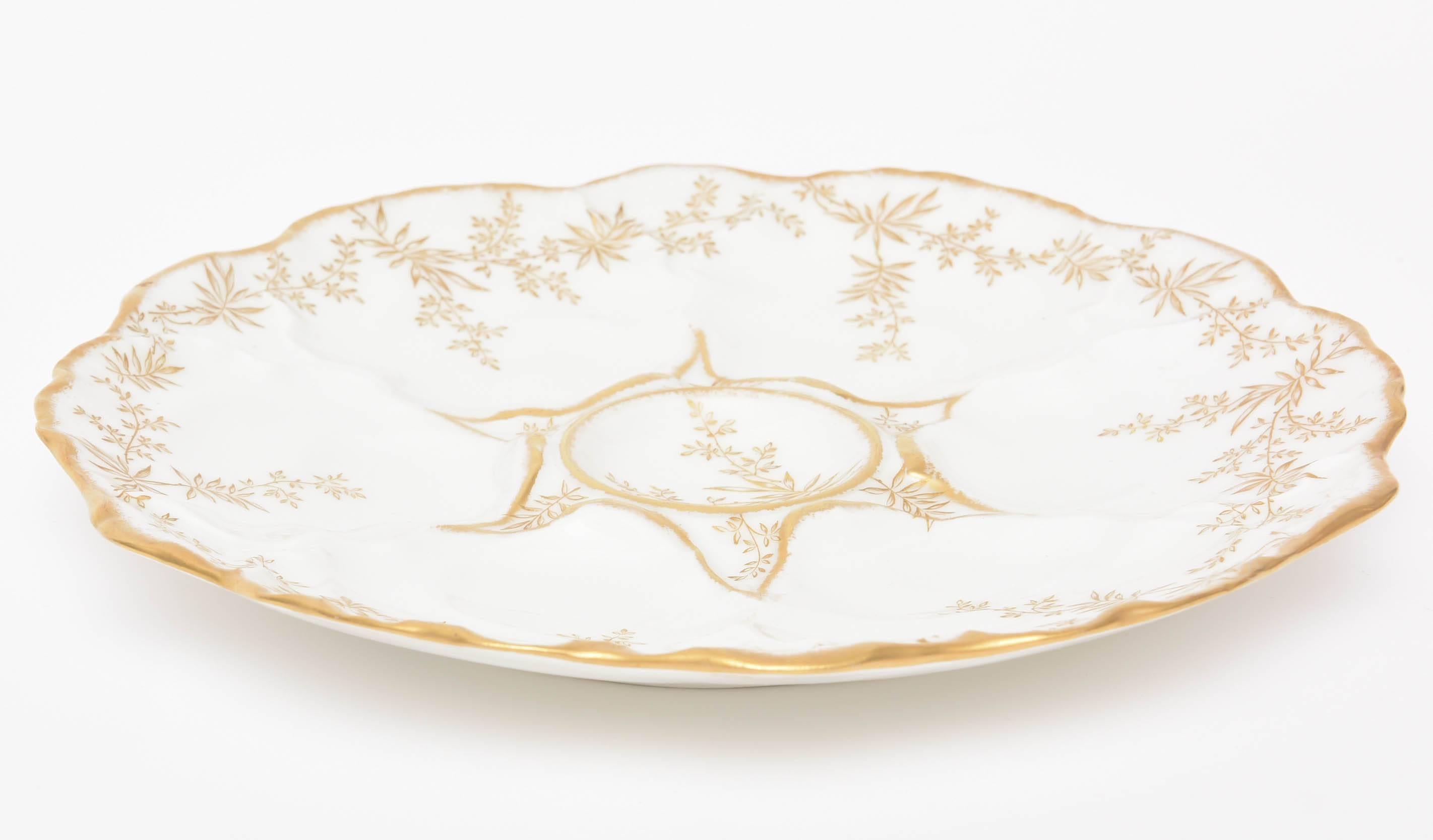 Late 19th Century Oyster Plate by Limoges France, Scalloped Shape and Hand-Painted Gold