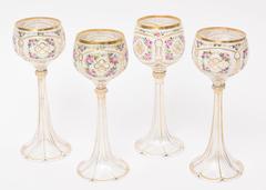 Set of Four Elegant Moser Blown Cut and Hand-Painted Wine Goblets