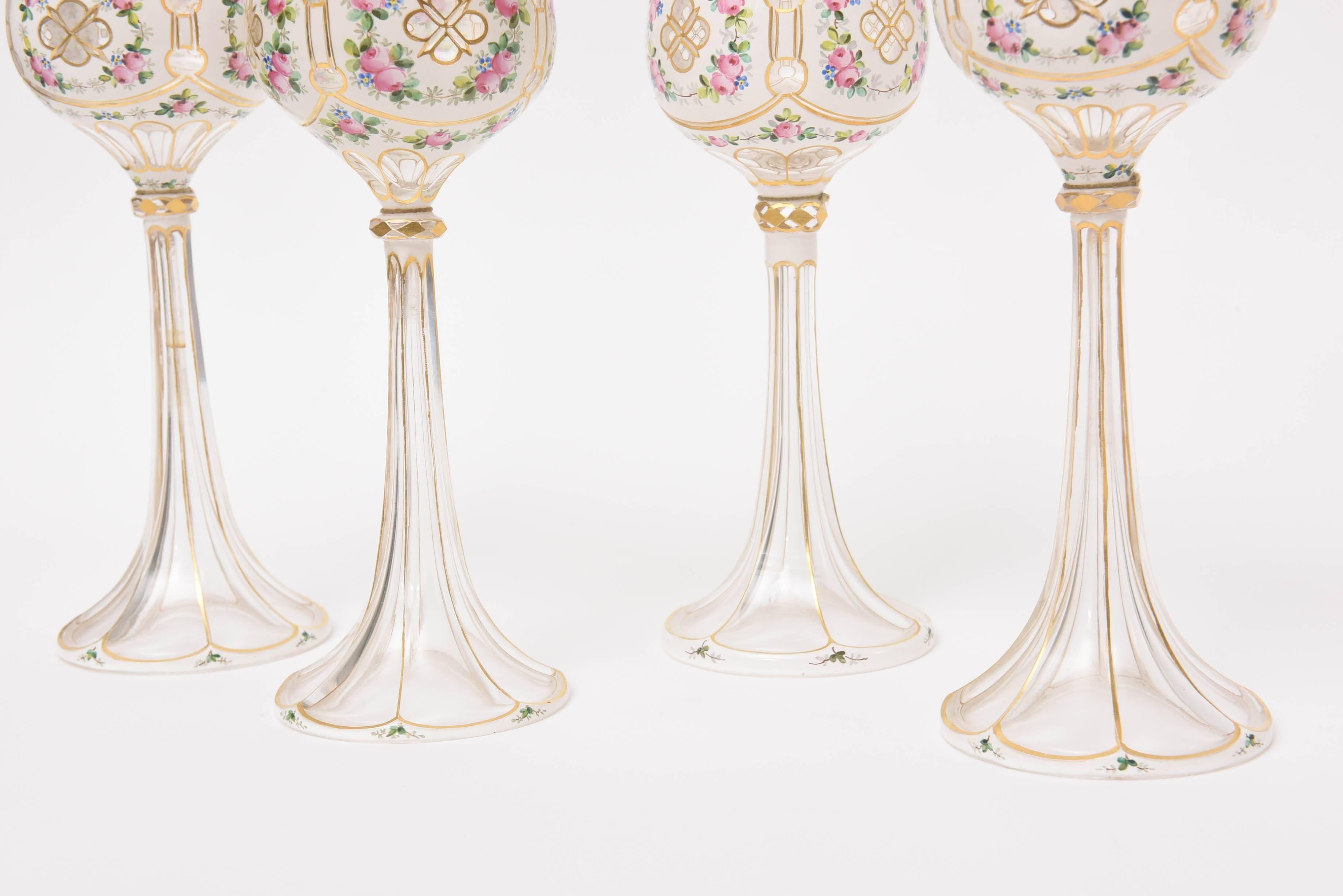 Set of Four Elegant Moser Blown Cut and Hand-Painted Wine Goblets In Good Condition In West Palm Beach, FL