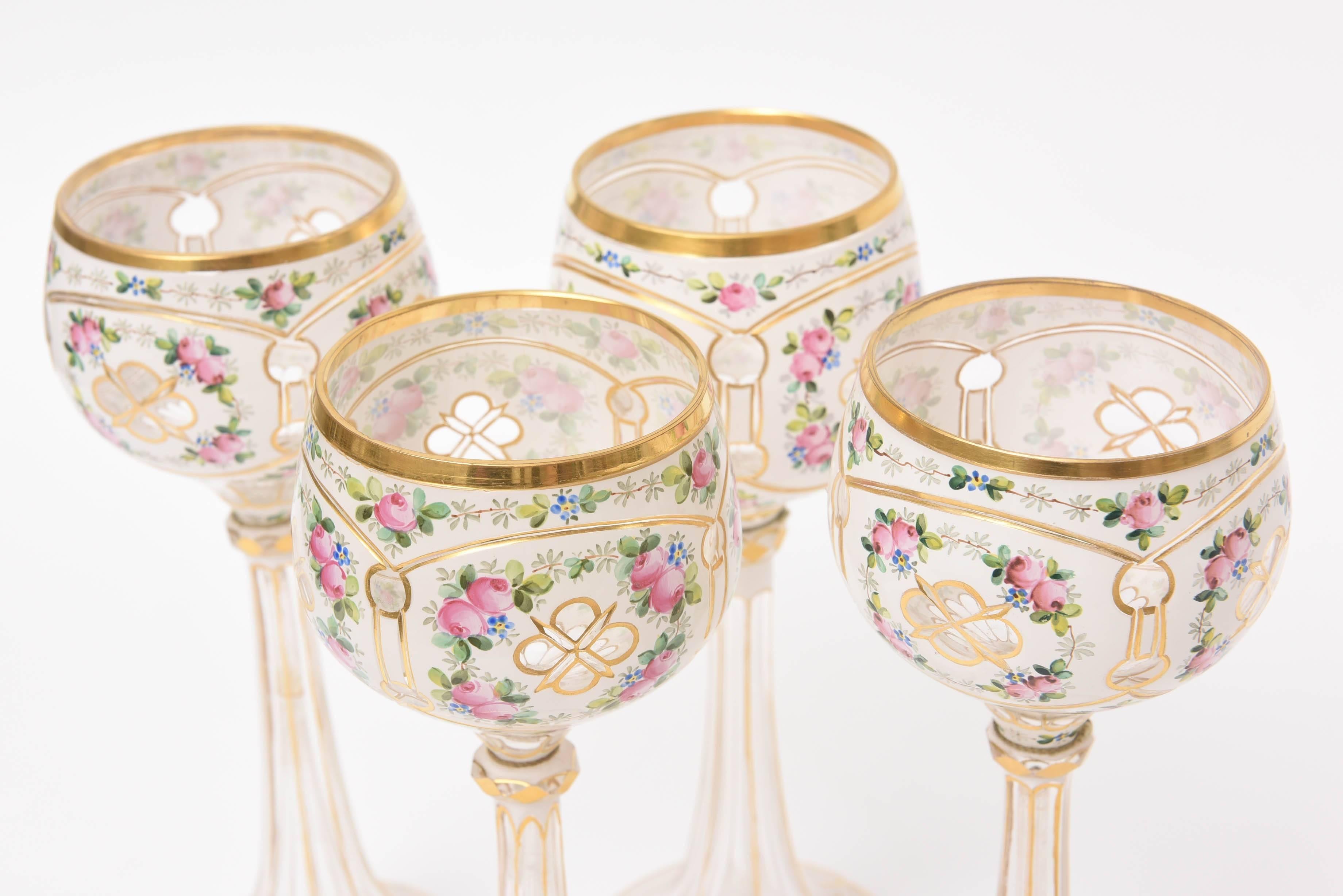 Late 19th Century Set of Four Elegant Moser Blown Cut and Hand-Painted Wine Goblets