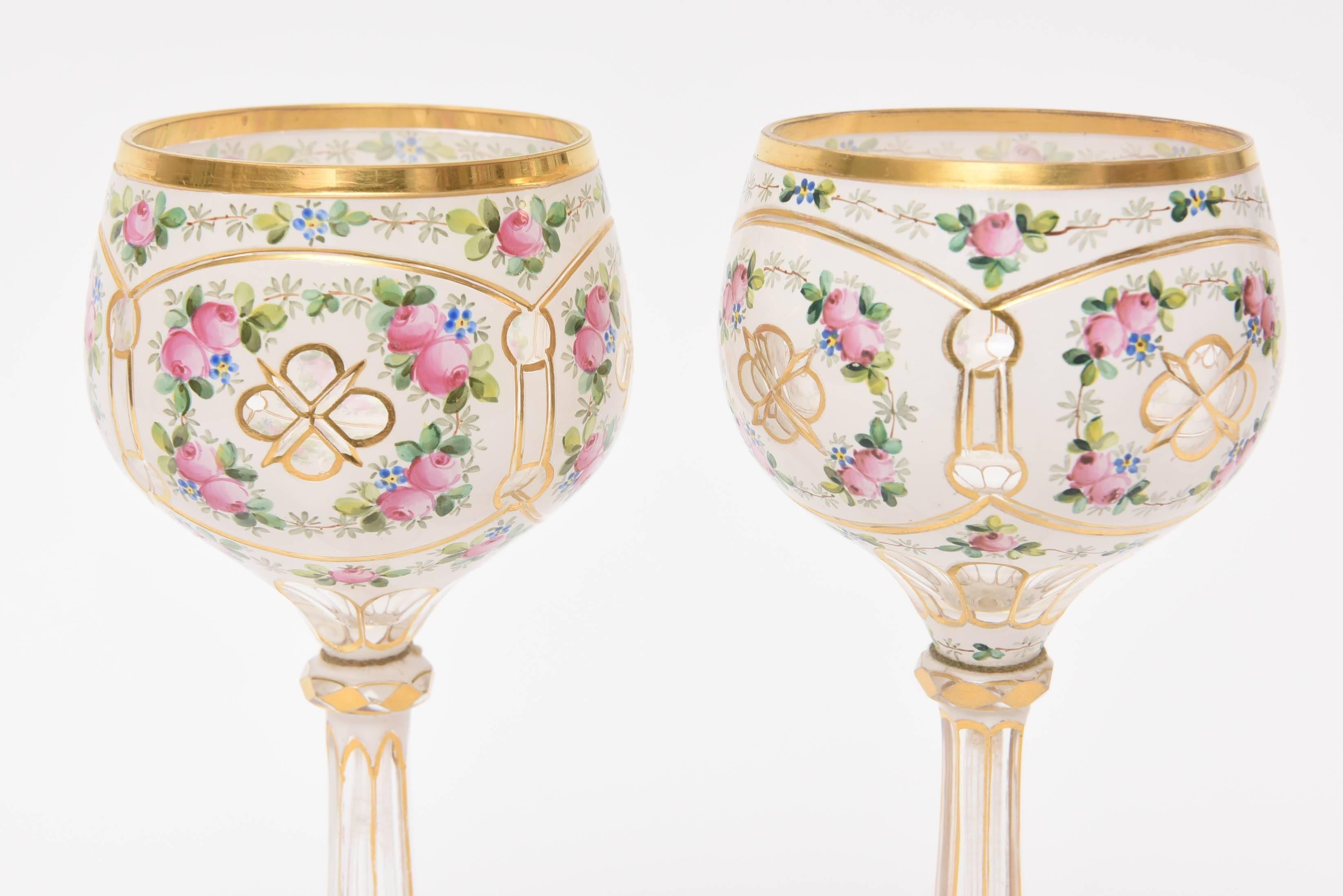 Set of Four Elegant Moser Blown Cut and Hand-Painted Wine Goblets 2