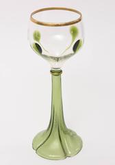 Set of Six Art Nouveau Moser Trumpet Base Green Gold White Wine Glasses