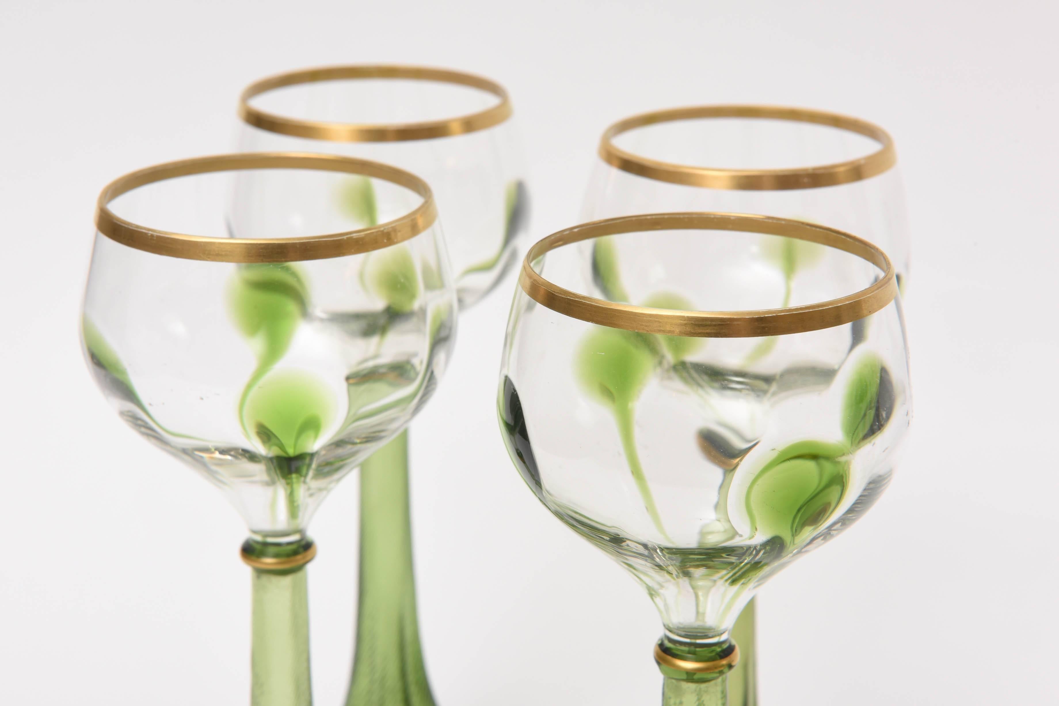Czech Set of Six Art Nouveau Moser Trumpet Base Green Gold White Wine Glasses