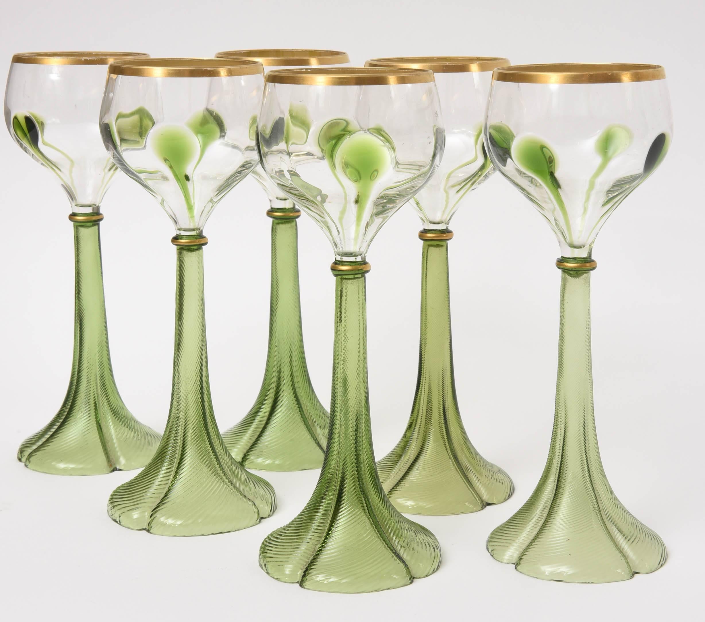 Hand-Crafted Set of Six Art Nouveau Moser Trumpet Base Green Gold White Wine Glasses