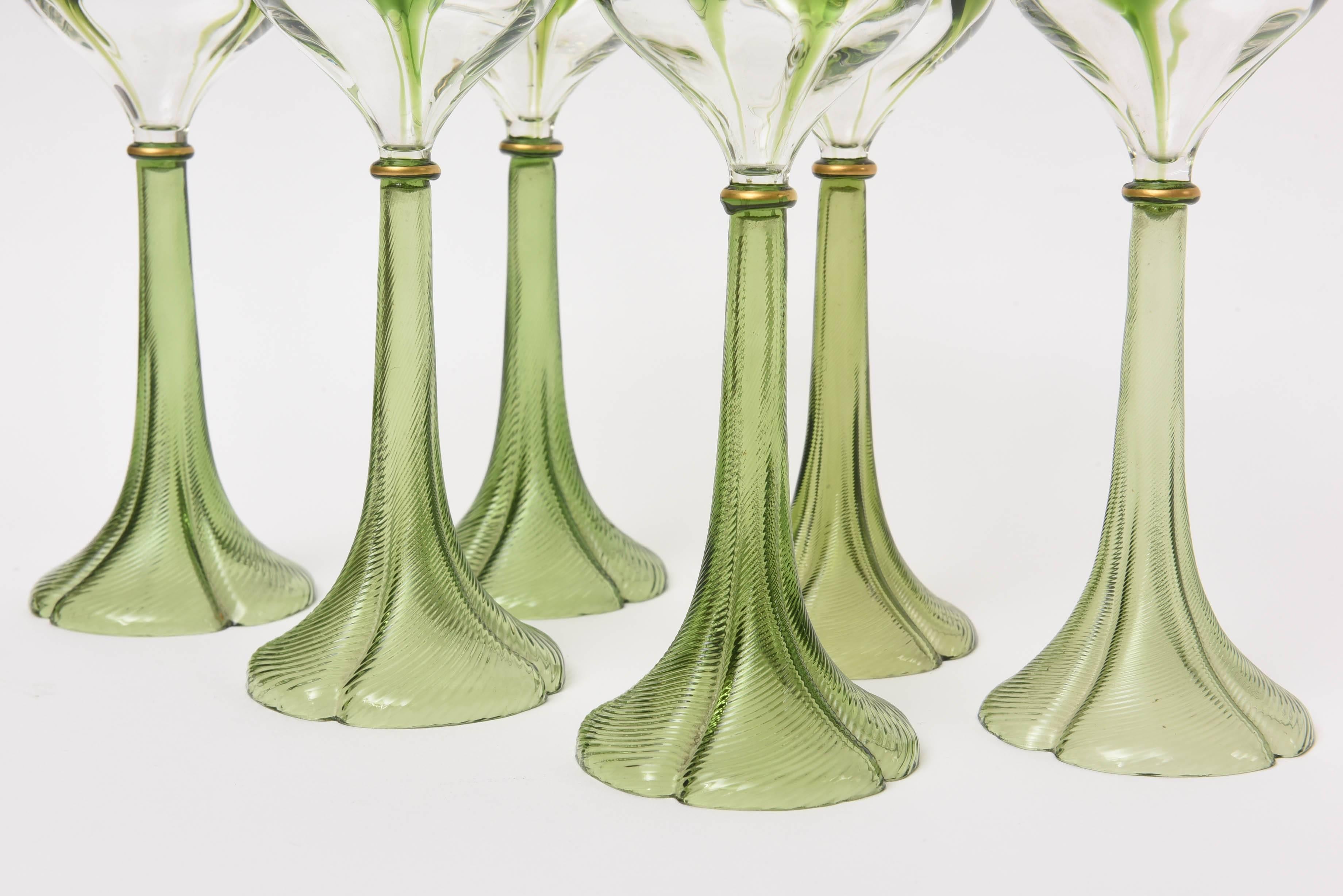 Set of Six Art Nouveau Moser Trumpet Base Green Gold White Wine Glasses In Good Condition In West Palm Beach, FL