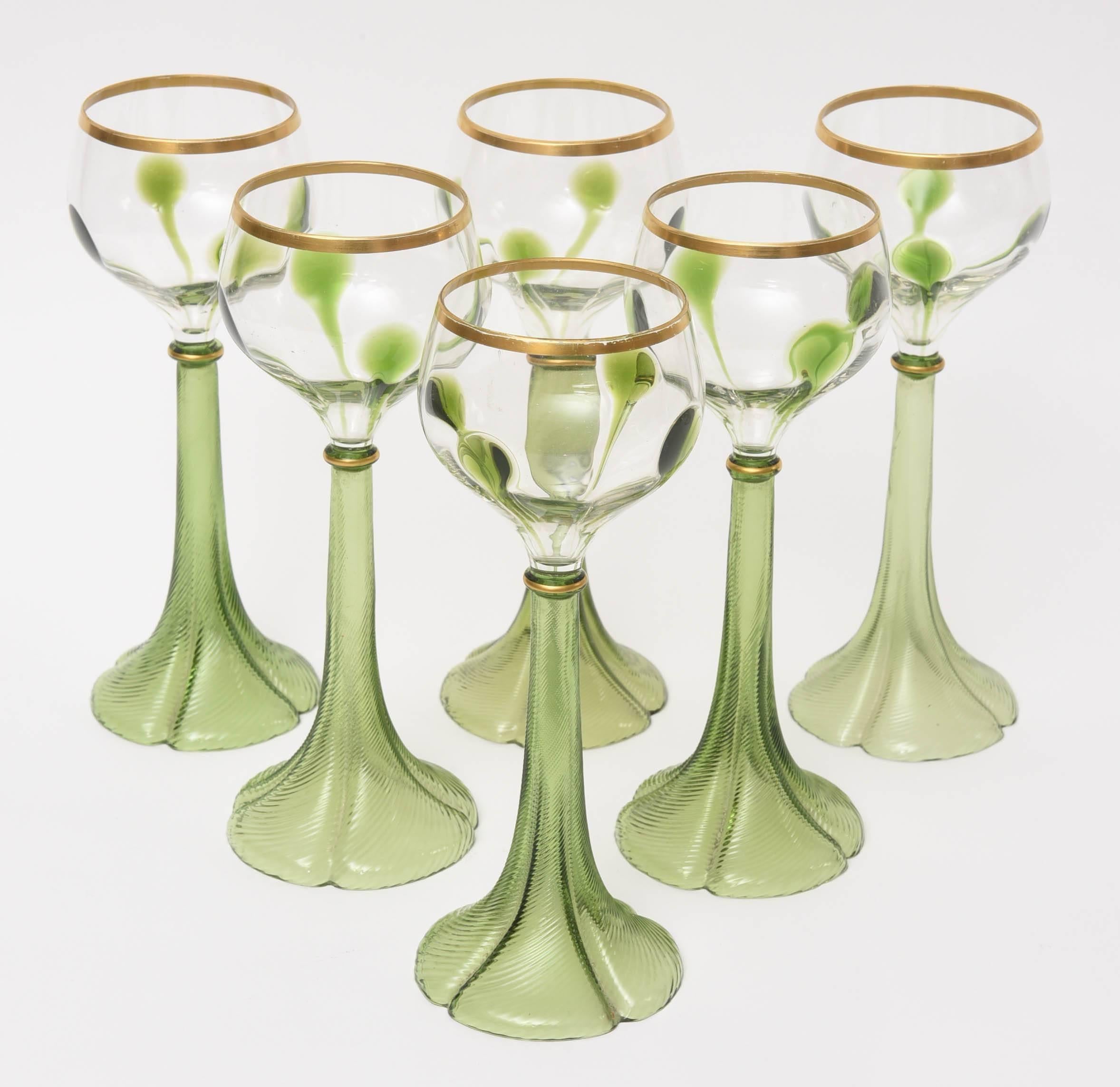 Early 20th Century Set of Six Art Nouveau Moser Trumpet Base Green Gold White Wine Glasses